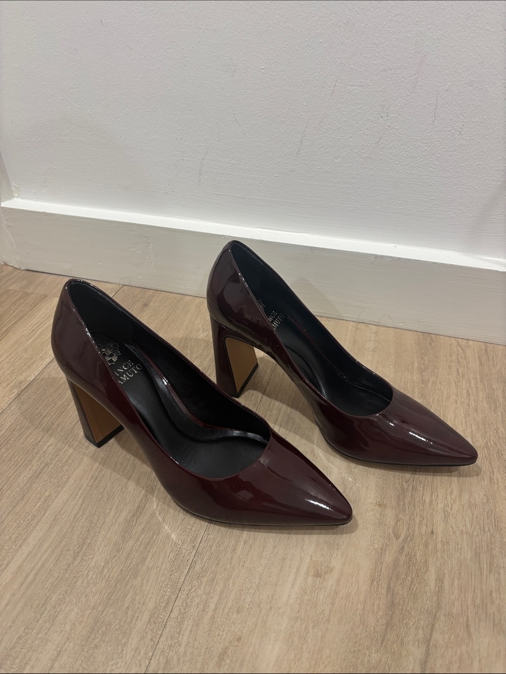 Women’s Burgundy Patent Pointed-Toe Block Heel Pumps